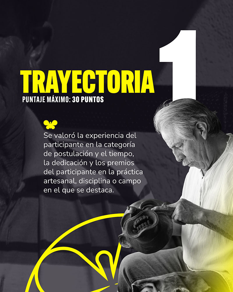 Criterio 1: TRAYECTORIA - PUNTAJE MÁXIMO: 30 PUNTOS. Se valoró la experiencia del participante en la categoría de postulación y el tiempo, la dedicación y los premios del participante en la práctica artesanal, disciplina o campo en el que se destaca.