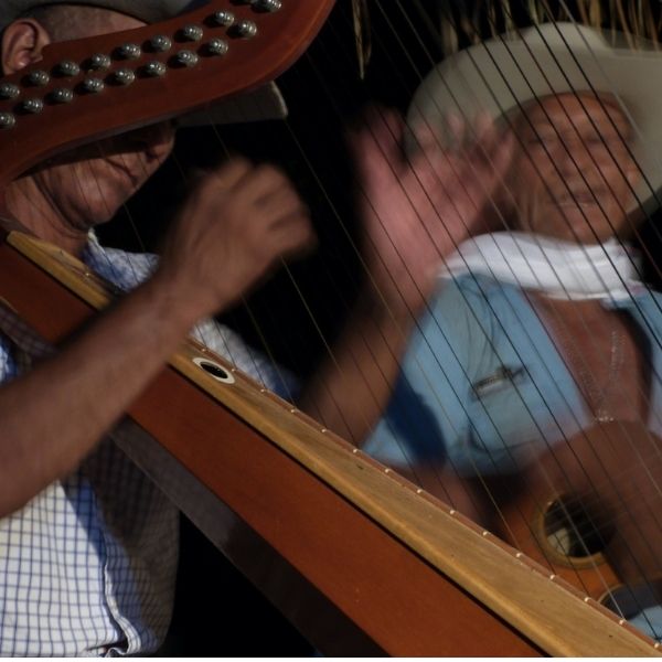 En la imagen se pueden apreciar a dos artistas colombianos, uno de ellos interpretando el arpa llanera mientas que el otro toca 