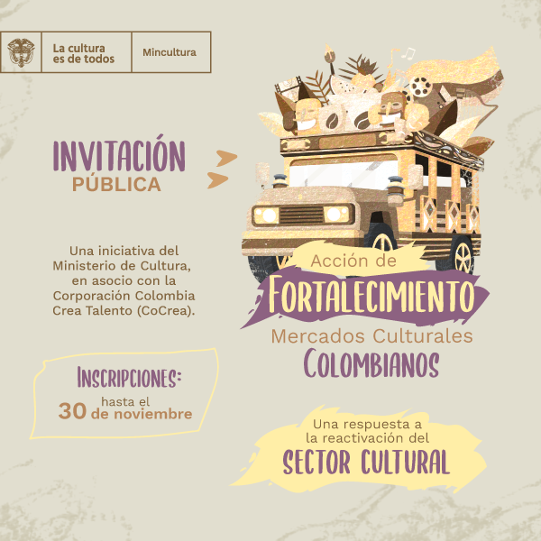 Invitación pública en la que aparece una chiva con diferentes elementos que representan la cultura colombiana
