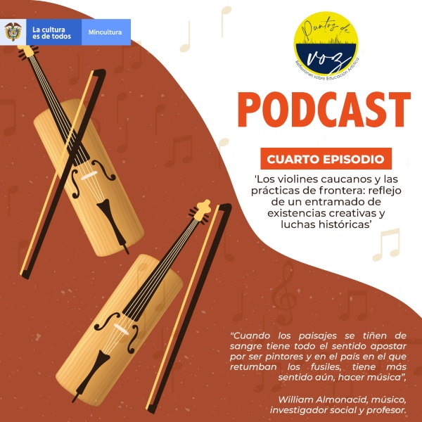 Ilustración de violines caucanos, acompañados de letras que conforman el nombre del podcast