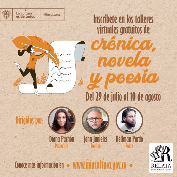 Red Relata del Ministerio de Cultura abre talleres gratuitos de crónica, novela y poesía